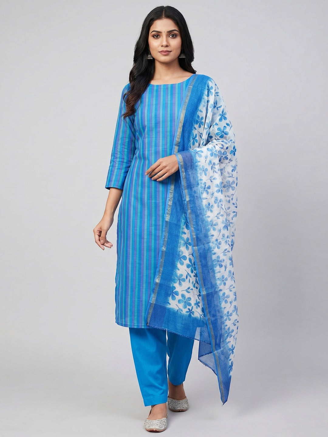 Peachmode Blue Cotton Dress Material with Striped - Image 1