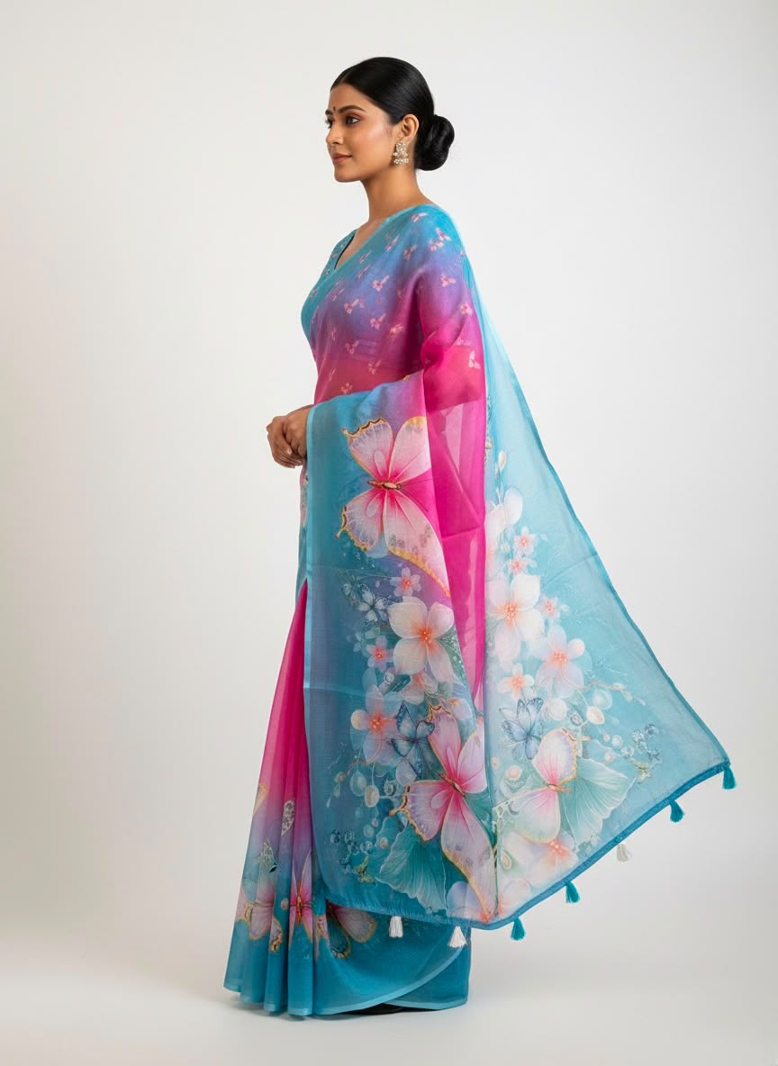 Peachmode Magenta Soft Linen Saree with butterfly floral print - Image 3