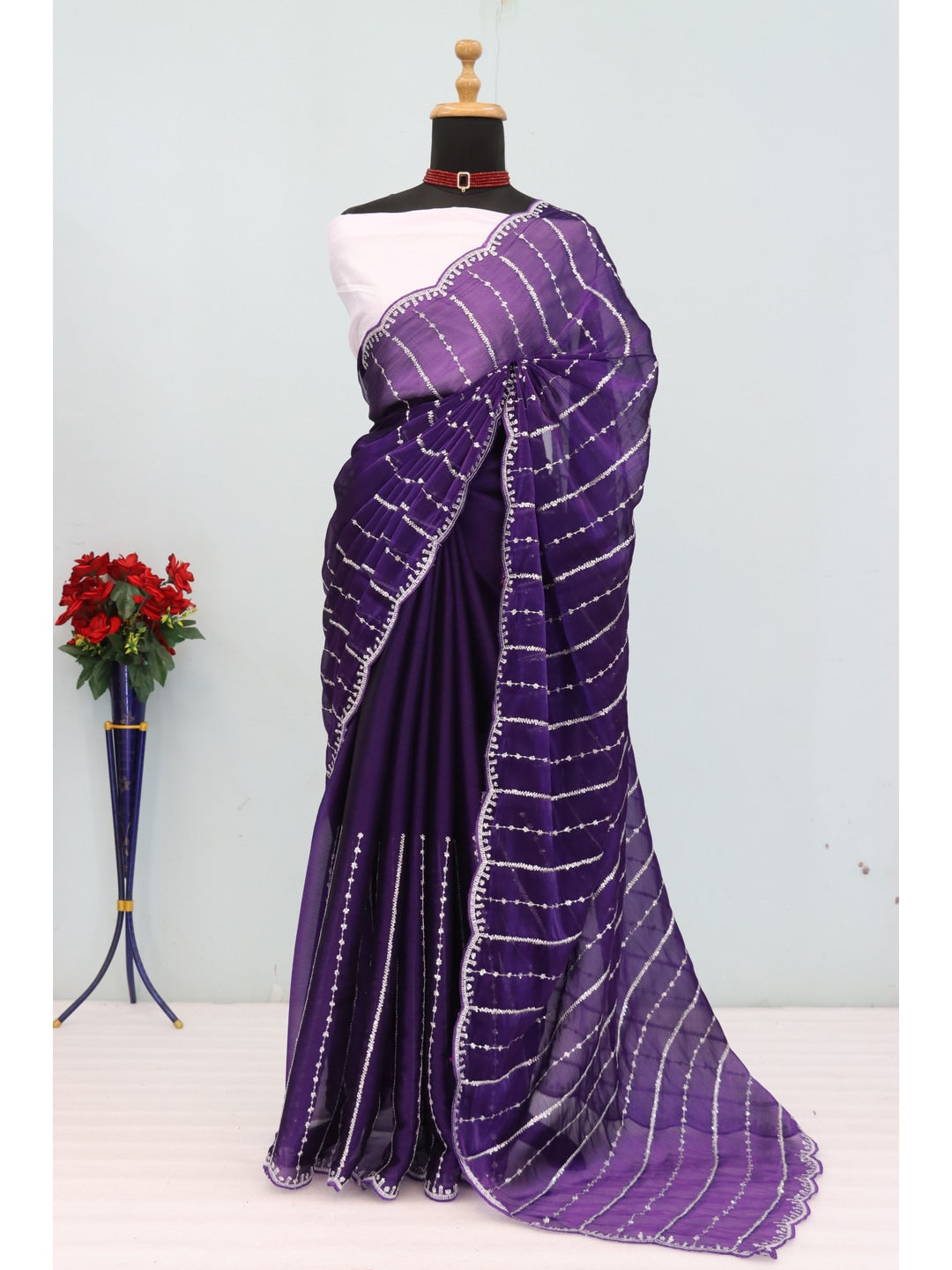 Peachmode Purple Chiffon Silk Saree with Sequins Work - Image 10