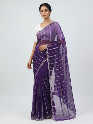 Peachmode Purple Chiffon Silk Saree with Sequins Work - Image 1