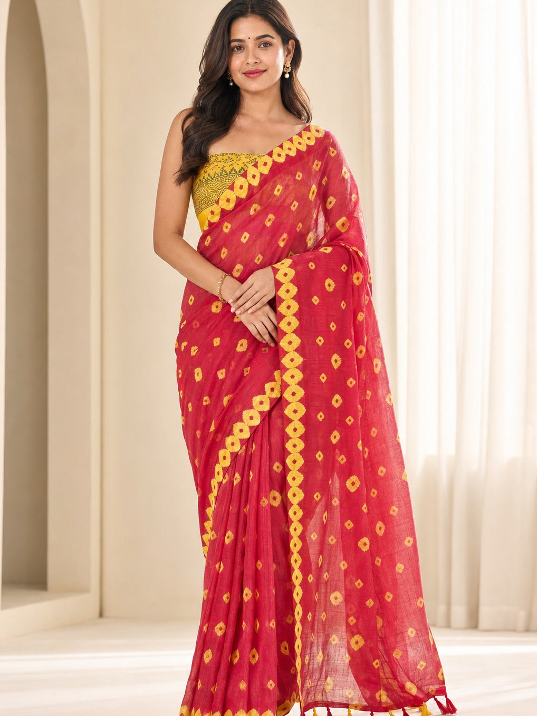 Peachmode Red Linen Bandhani Print Saree - Image 1