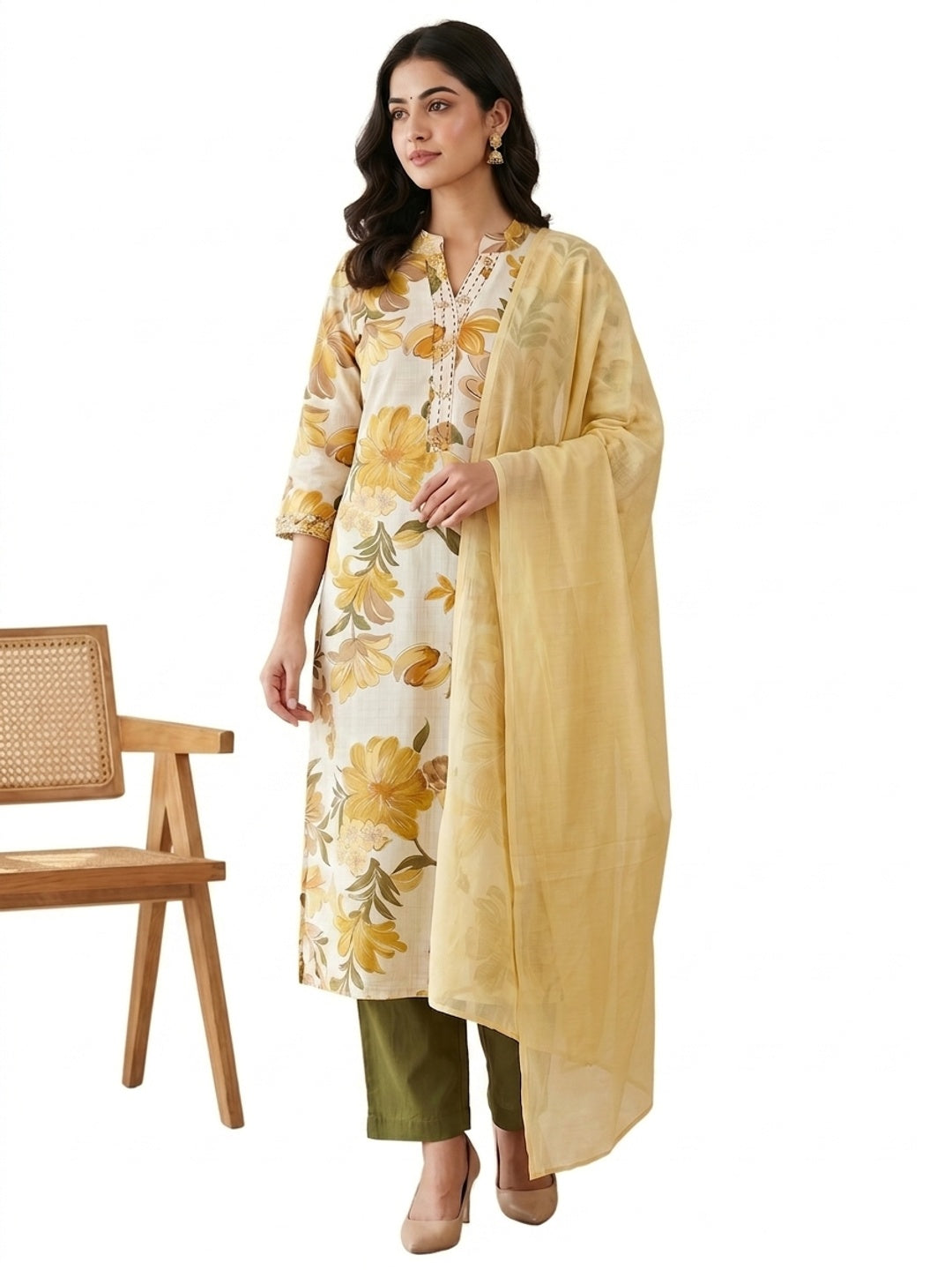 Yellow Floral Printed Salwar Suit Set with Chanderi Dupatta - Image 2