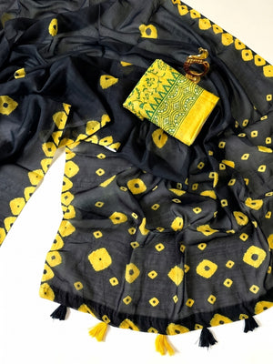 Peachmode Black Linen Bandhani Print Saree - Image 2