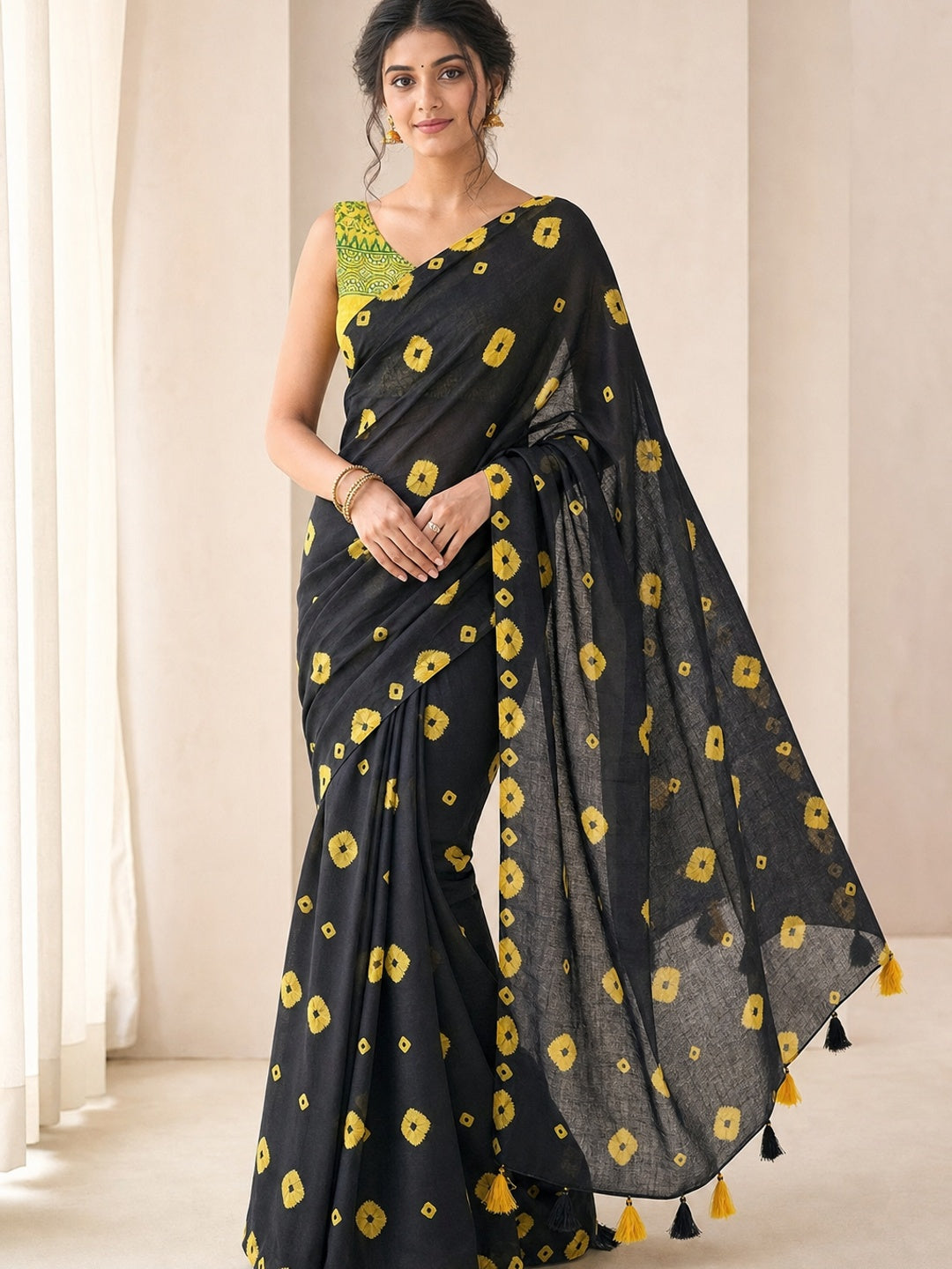 Peachmode Black Linen Bandhani Print Saree - Image 1