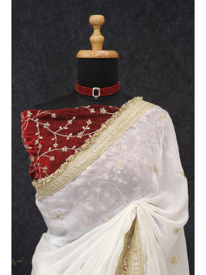 Peachmode White Satin Saree with Gold Embroidery Work - Image 2