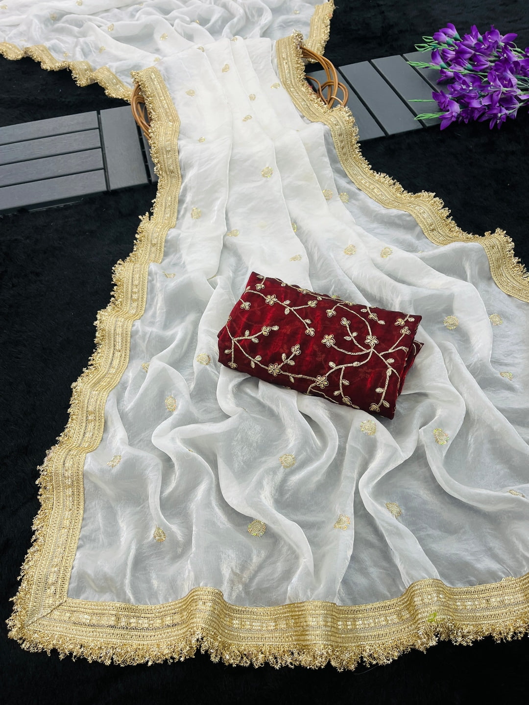Peachmode White Satin Saree with Gold Embroidery Work - Image 4