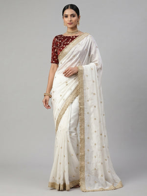 Peachmode White Satin Saree with Gold Embroidery Work - Image 1