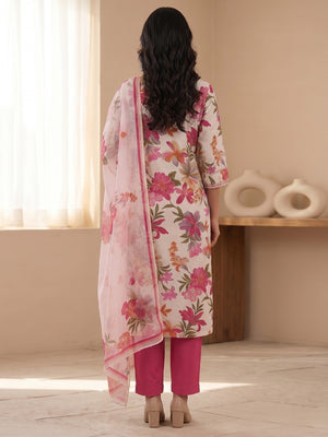 Pink Floral Printed Salwar Suit Set with Chanderi Dupatta - Image 2