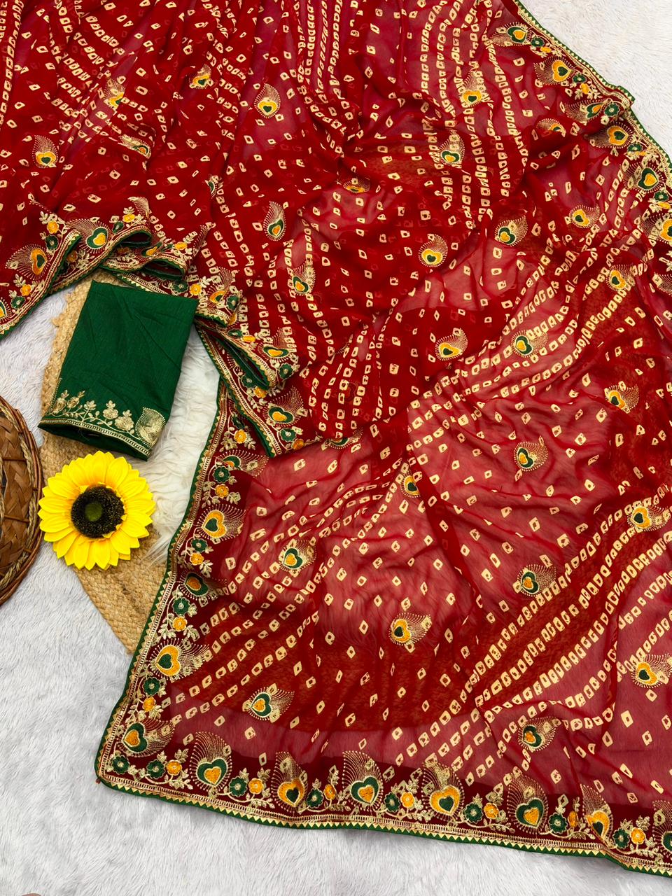 Peachmode Red Georgette Bandhani Saree with Embroidered Border - Image 2