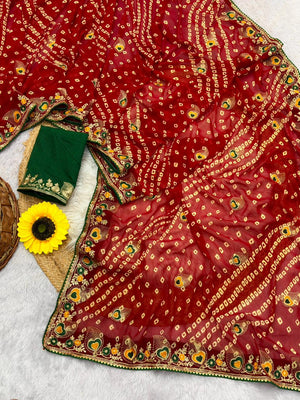 Peachmode Red Georgette Bandhani Saree with Embroidered Border - Image 2