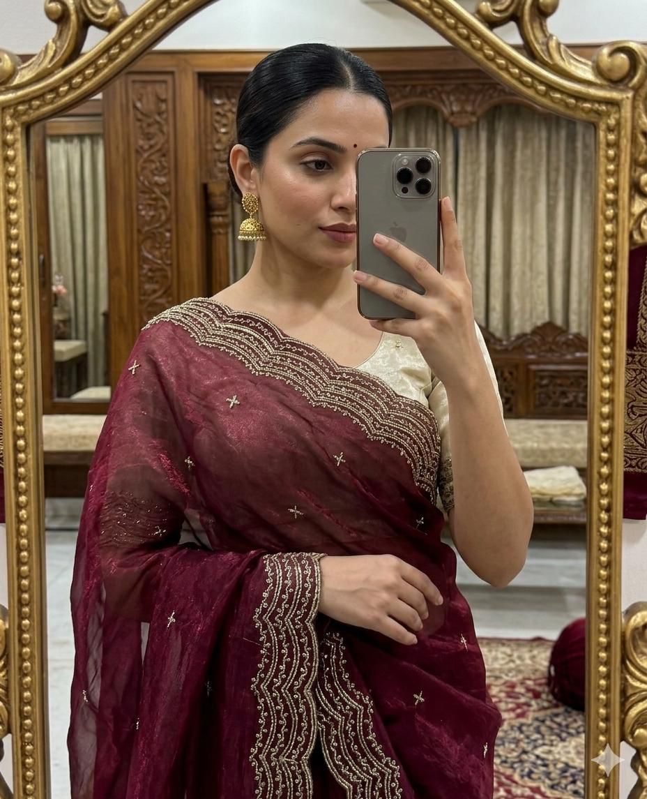 Peachmode Maroon Satin Saree with Sequin Embroidery Work - Image 1