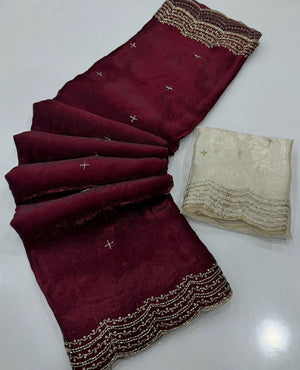 Peachmode Maroon Satin Saree with Sequin Embroidery Work - Image 2