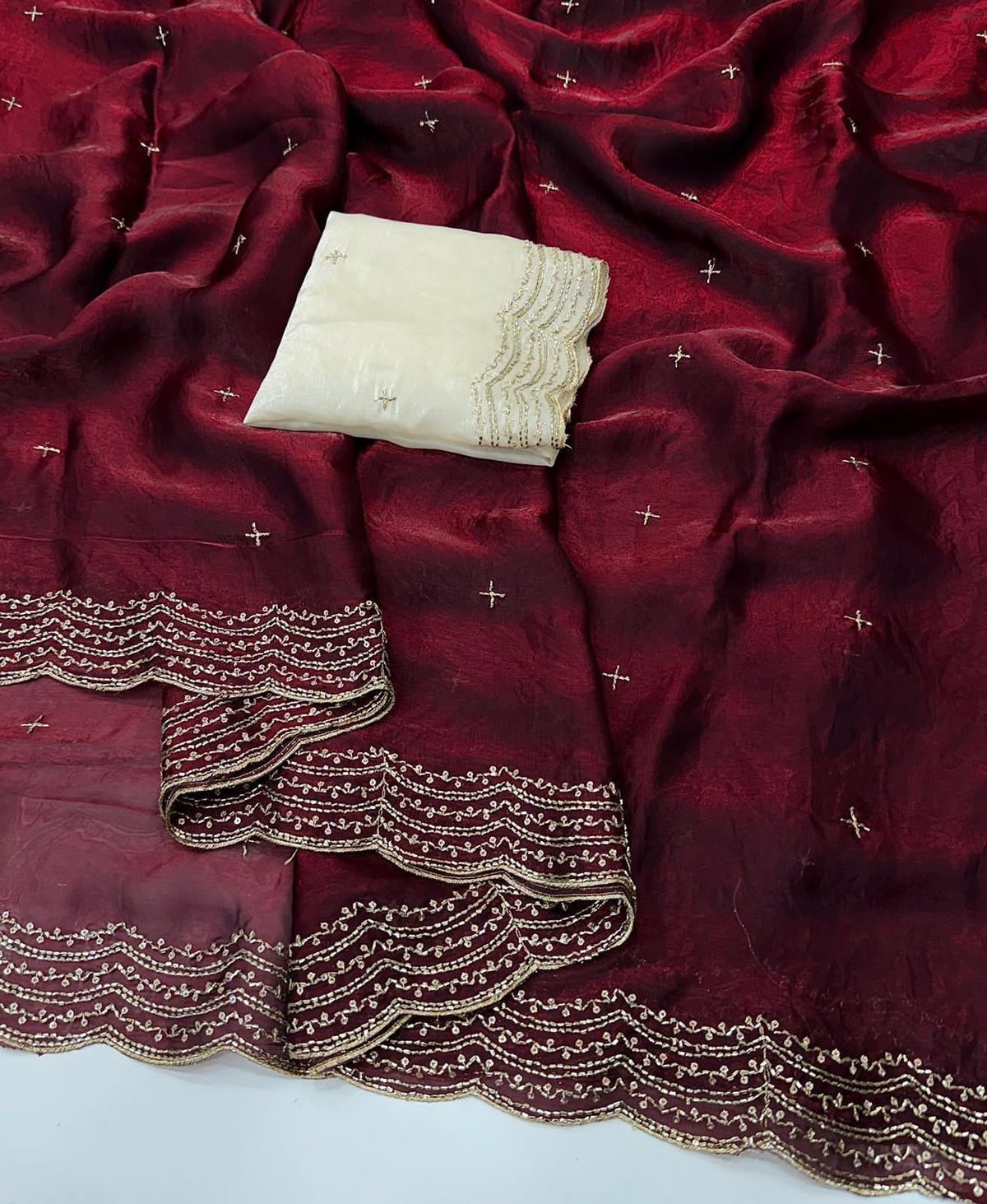 Peachmode Maroon Satin Saree with Sequin Embroidery Work - Image 4