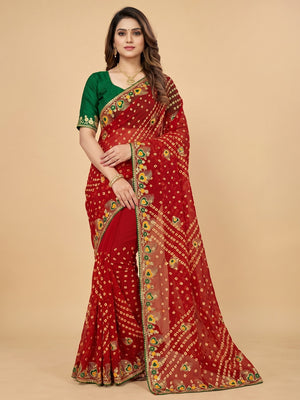 Peachmode Red Georgette Bandhani Saree with Embroidered Border - Image 1