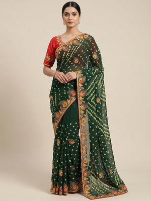 Peachmode Green Georgette Bandhani Saree with Embroidered Border - Image 1