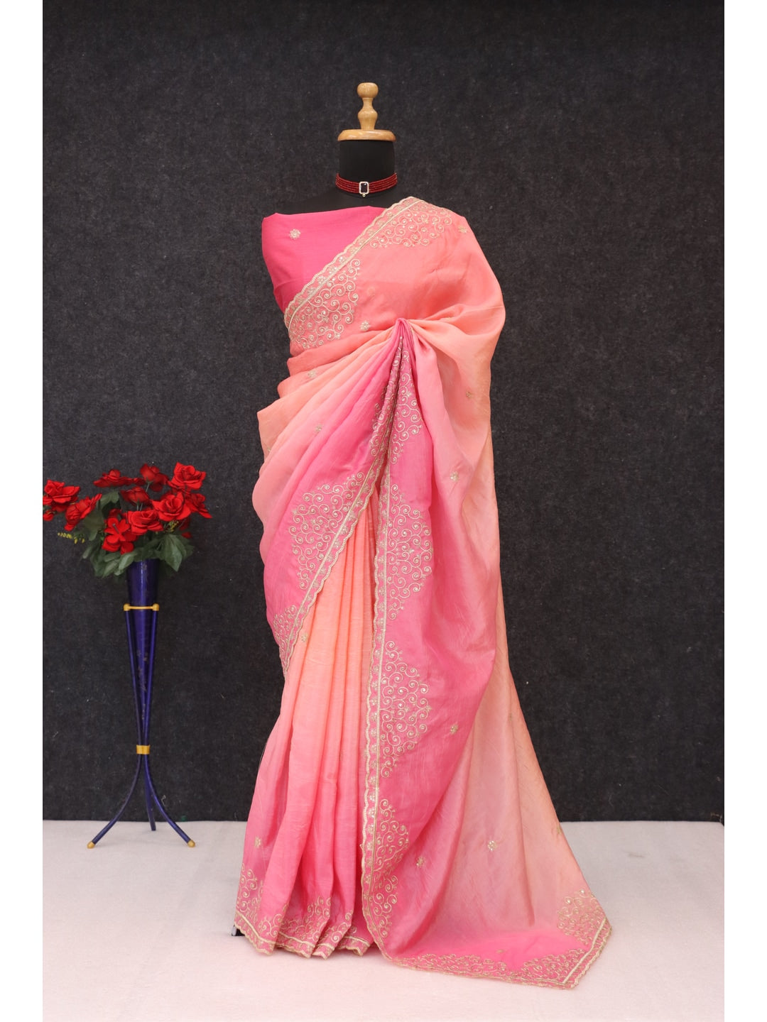 Peachmode Pink Silk Blend Saree with Sequin Embroidery Work - Image 2
