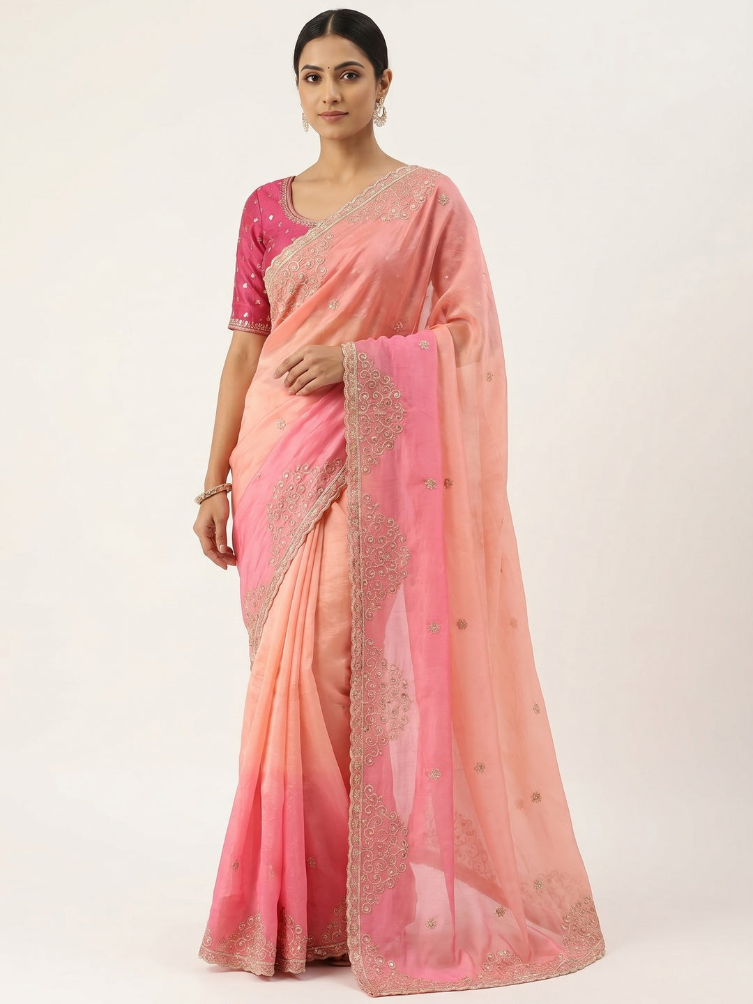Peachmode Pink Silk Blend Saree with Sequin Embroidery Work - Image 1