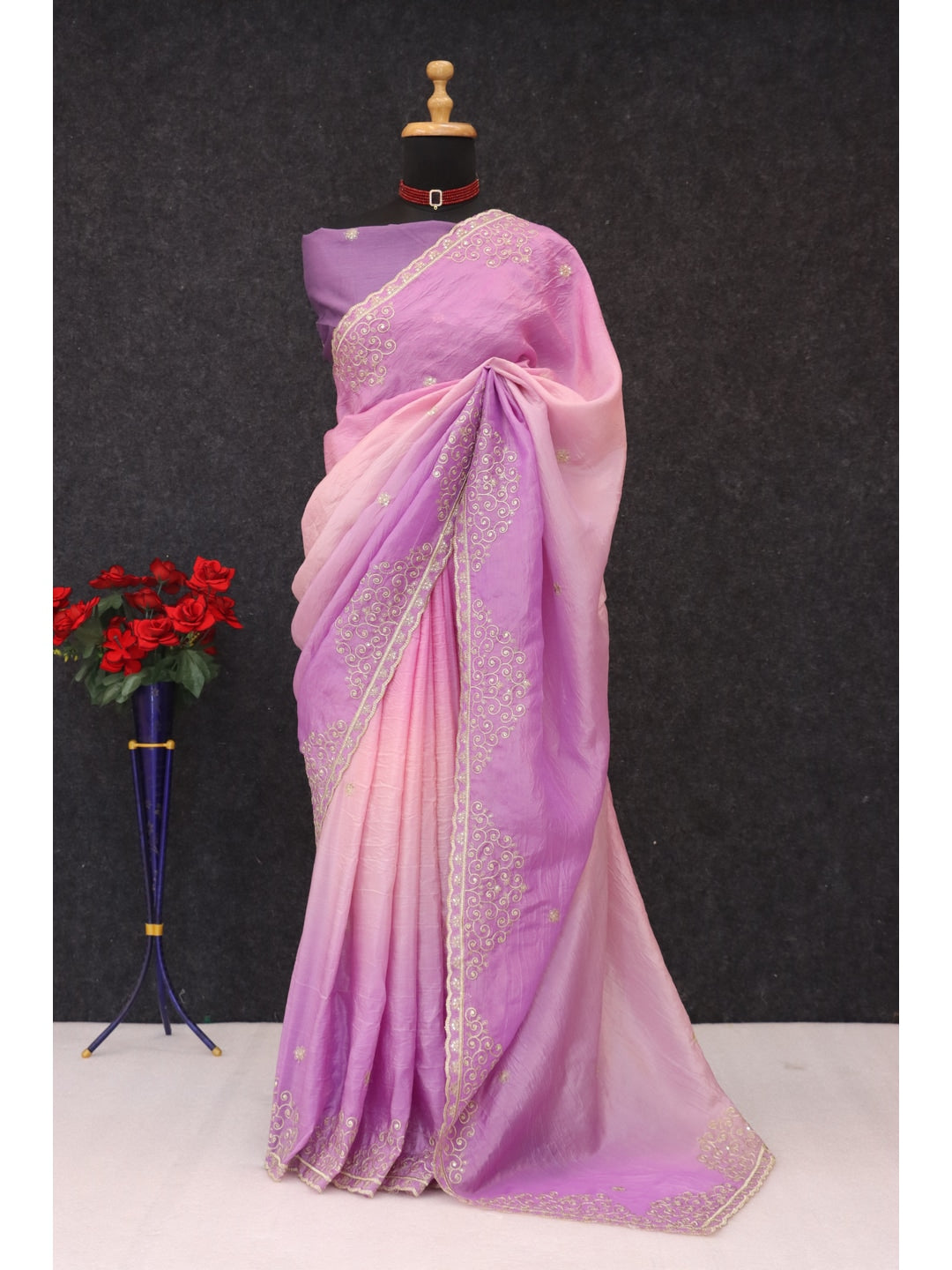 Peachmode Lavender Silk Blend Saree with Sequin Embroidery Work - Image 2