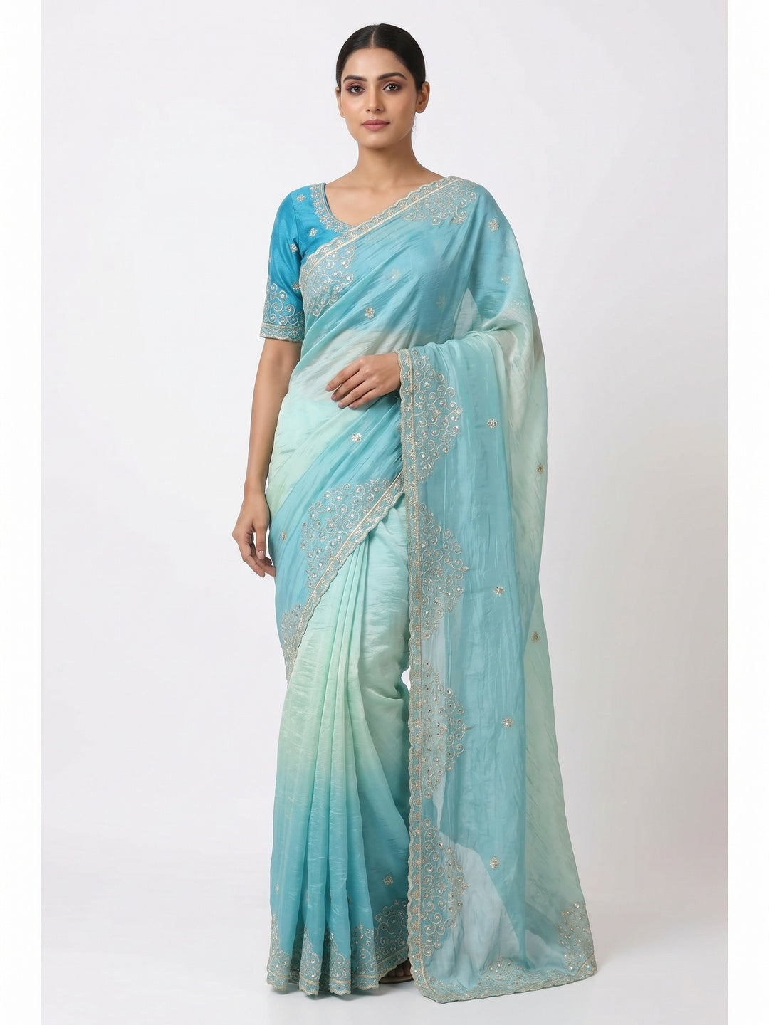 Peachmode Firozi Silk Blend Saree with Sequin Embroidery Work - Image 1