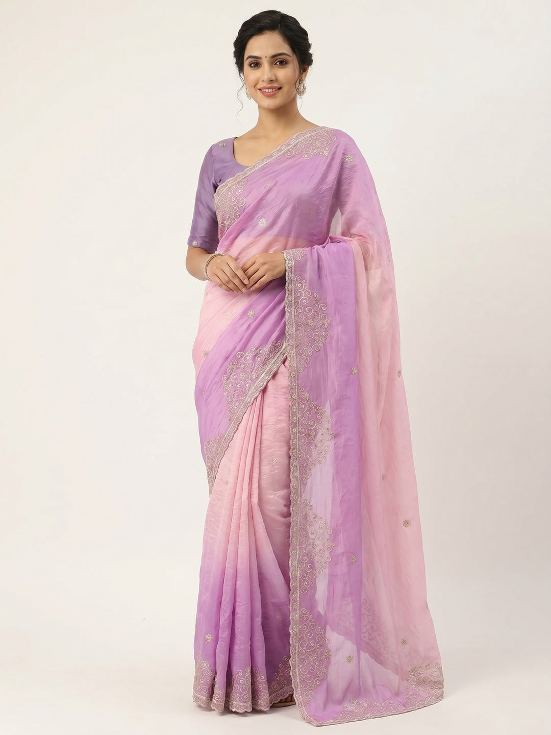 Peachmode Lavender Silk Blend Saree with Sequin Embroidery Work - Image 1