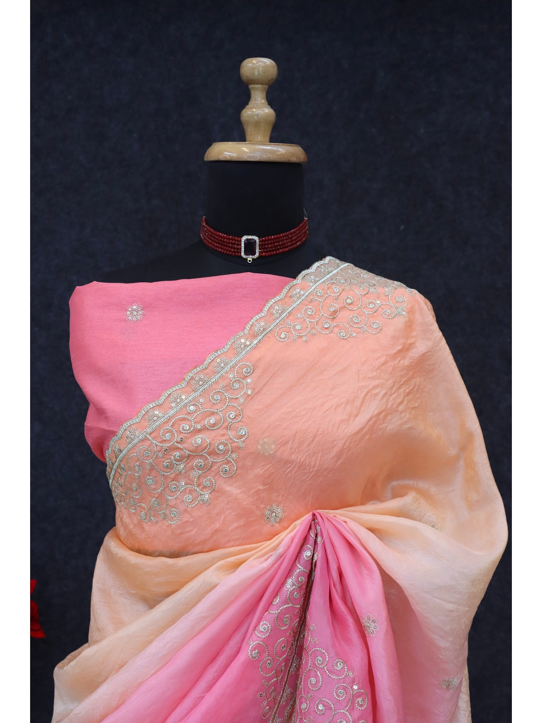 Peachmode Peach Silk Blend Saree with Sequin Embroidery Work - Image 4