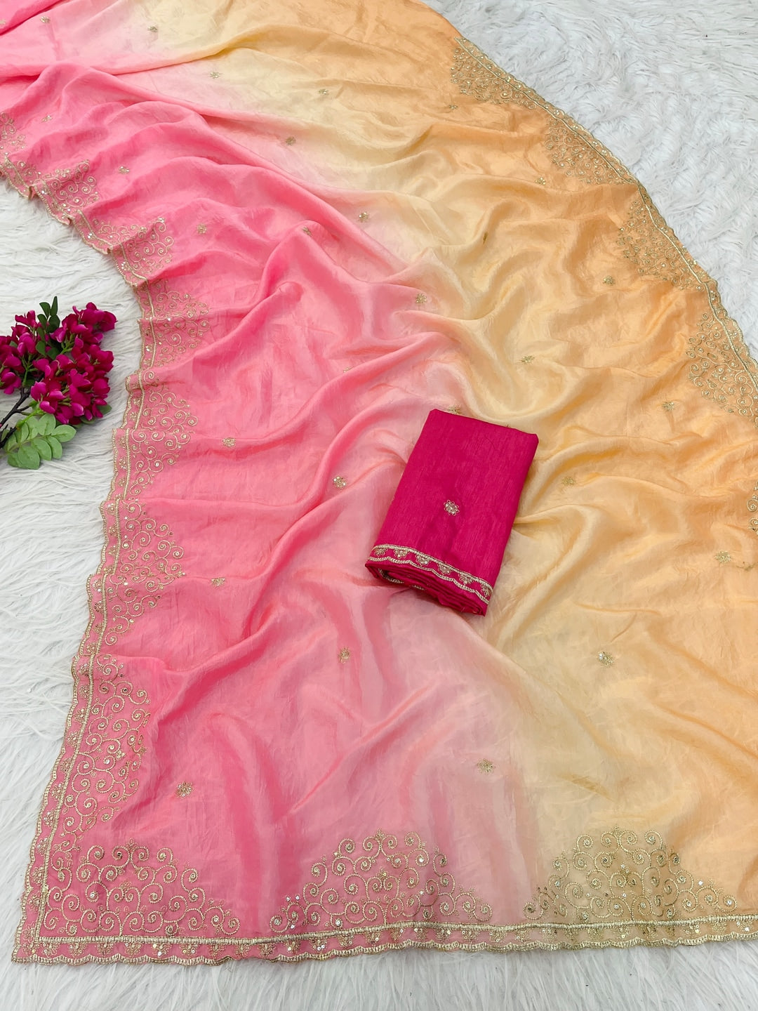 Peachmode Peach Silk Blend Saree with Sequin Embroidery Work - Image 5