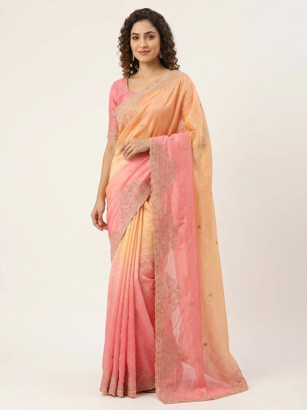 Peachmode Peach Silk Blend Saree with Sequin Embroidery Work - Image 1