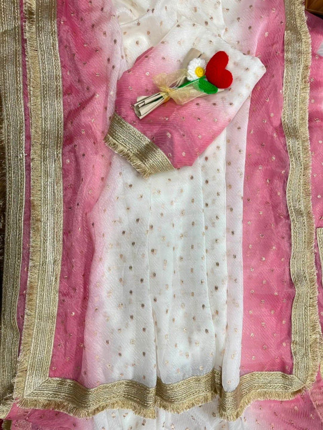 Peachmode Pink Satin Saree with Jacquard Butti Work - Image 3
