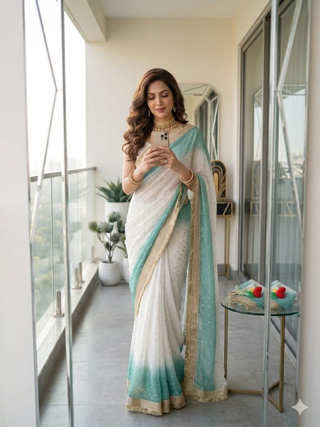 Peachmode Turquoise Satin Saree with Jacquard Butti Work - Image 2