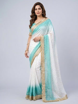 Peachmode Turquoise Satin Saree with Jacquard Butti Work - Image 1