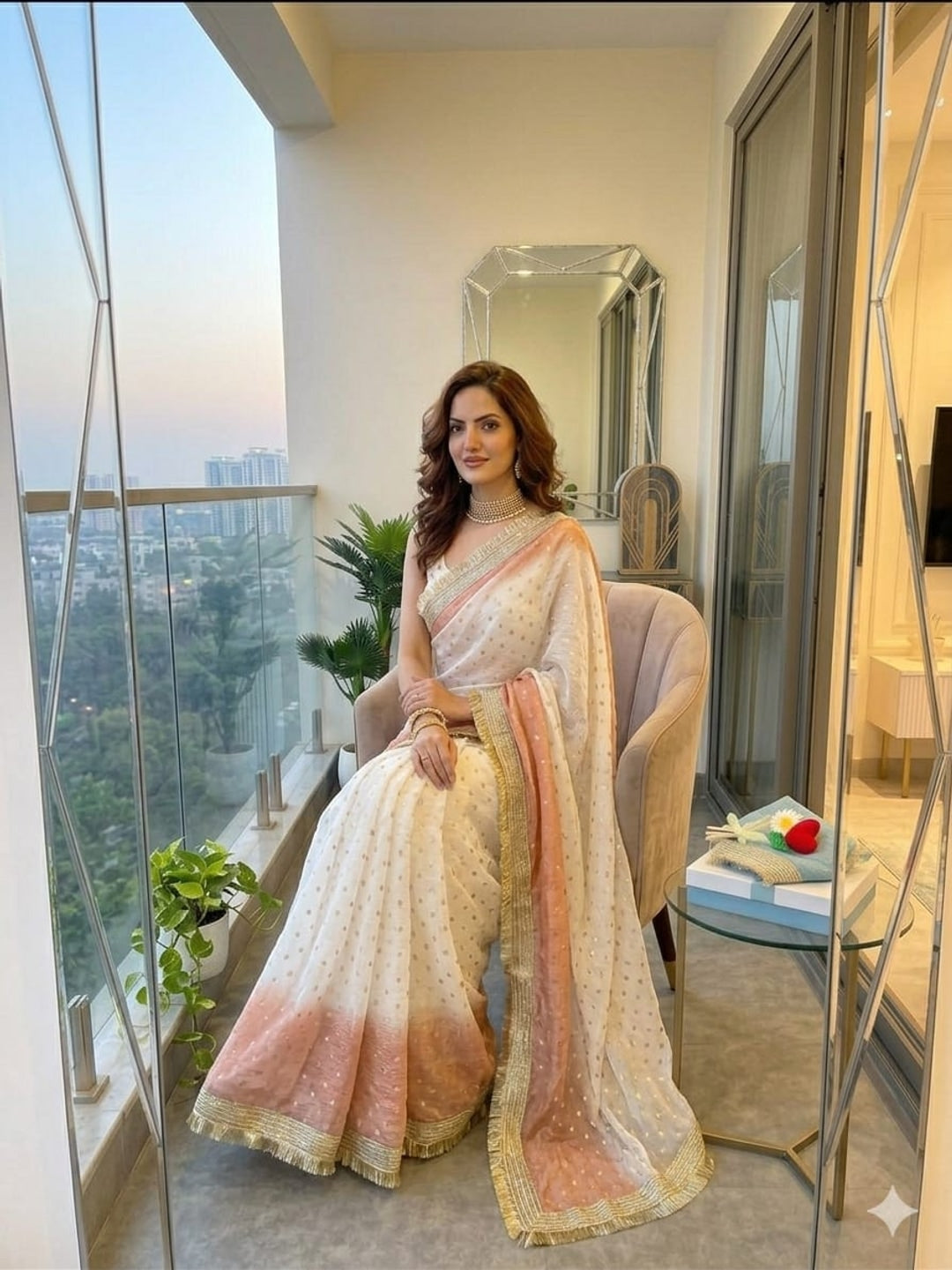 Peachmode Peach Satin Saree with Jacquard Butti Work - Image 2