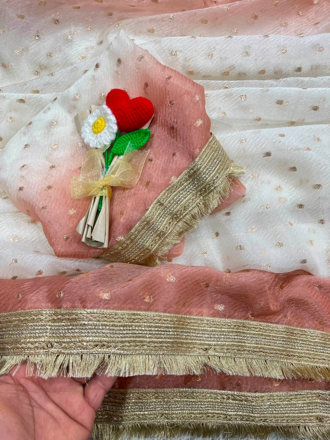 Peachmode Peach Satin Saree with Jacquard Butti Work - Image 3