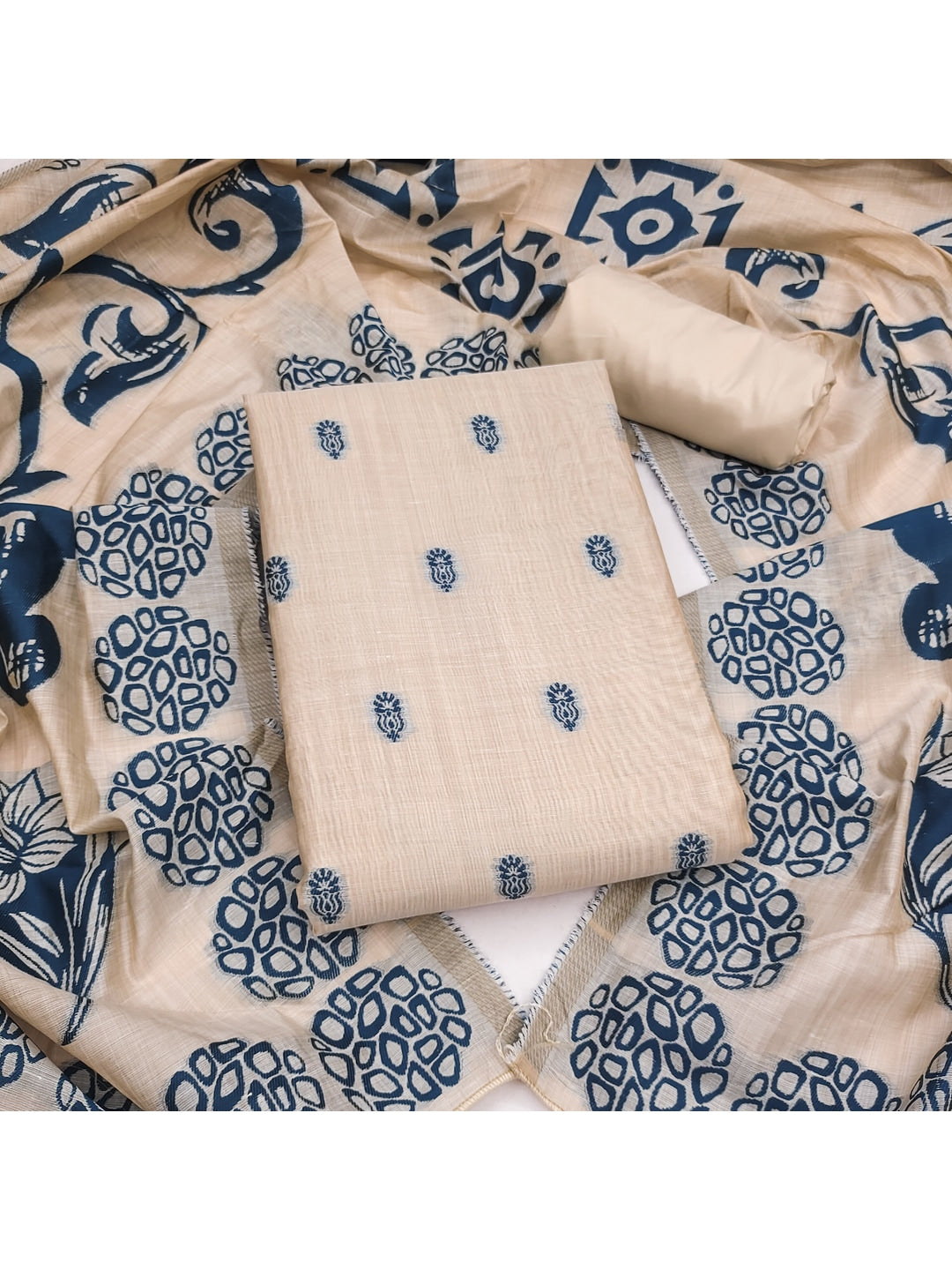 Peachmode Cream & Blue Linen Cotton Dress Material with Ethnic Motifs - Image 2