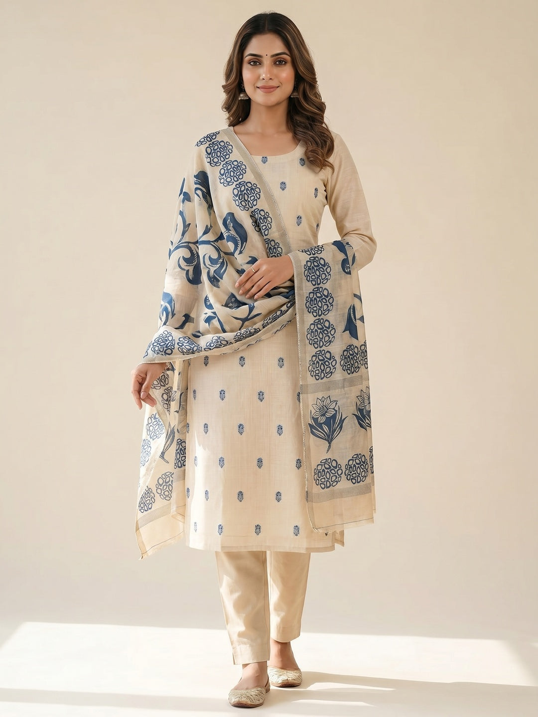Peachmode Cream & Blue Linen Cotton Dress Material with Ethnic Motifs - Image 5