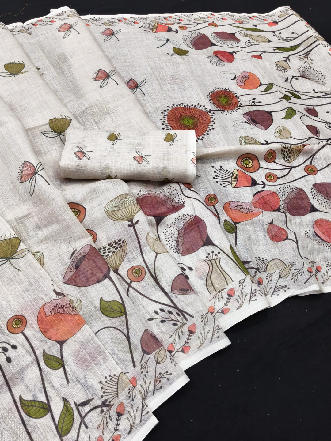 Peachmode Offwhite Linen Printed Saree with Floral Motifs - Image 2