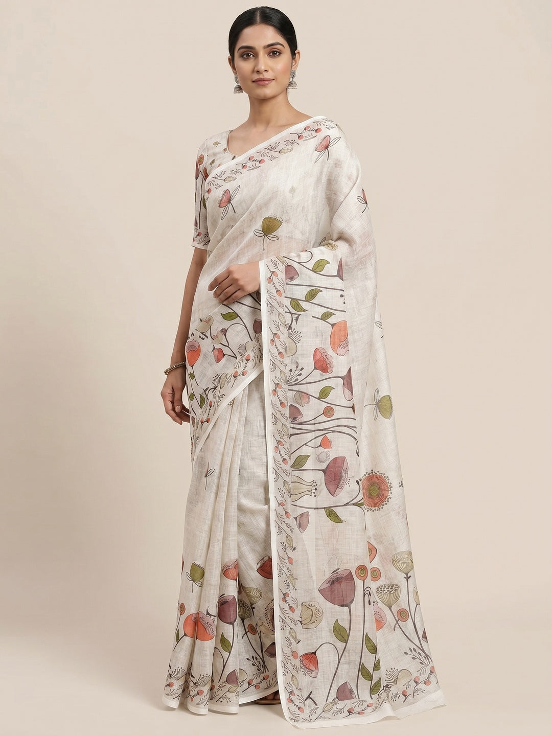 Peachmode Offwhite Linen Printed Saree with Floral Motifs - Image 1