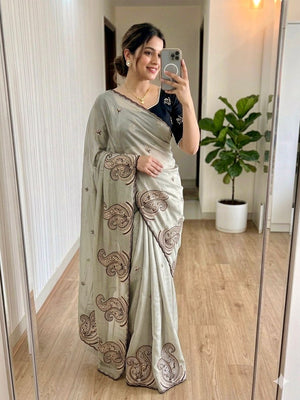 Peachmode Off White Rangoli Silk Saree with Embroidered Border - Image 1
