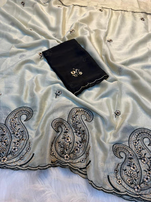 Peachmode Off White Rangoli Silk Saree with Embroidered Border - Image 2