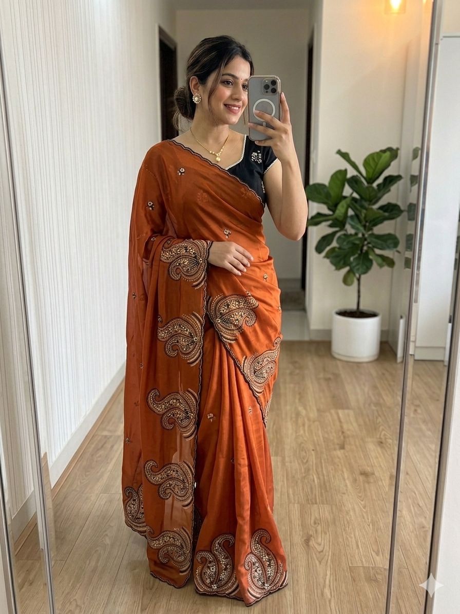 Peachmode Orange Rangoli Silk Saree with Embroidered Border - Image 1
