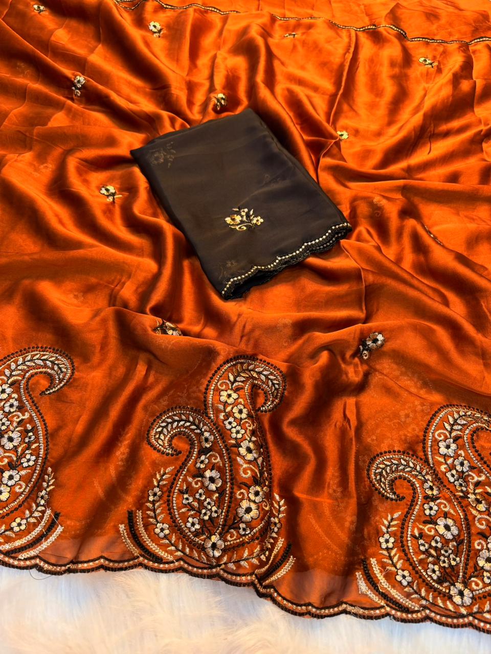 Peachmode Orange Rangoli Silk Saree with Embroidered Border - Image 2