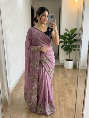 Peachmode Lavender Pink Rangoli Silk Saree with Embroidered Border - Image 1