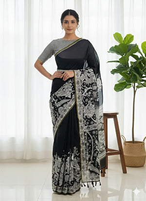 Peachmode Black Linen Cotton Kalamkari Print Saree - Image 1
