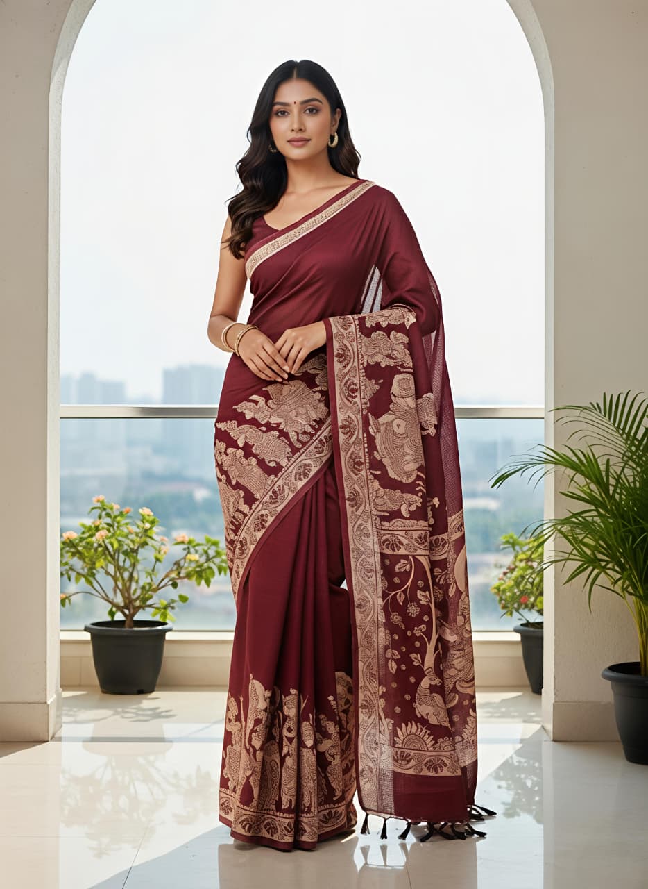 Peachmode Maroon Linen Cotton Kalamkari Print Saree - Image 1