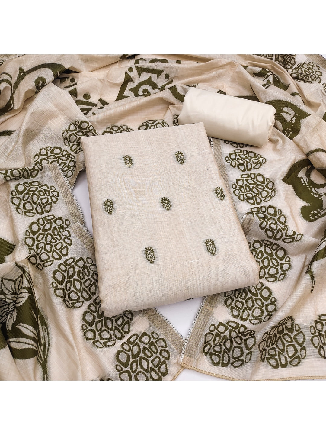 Peachmode Cream & Green Linen Cotton Dress Material with Ethnic Motifs - Image 1