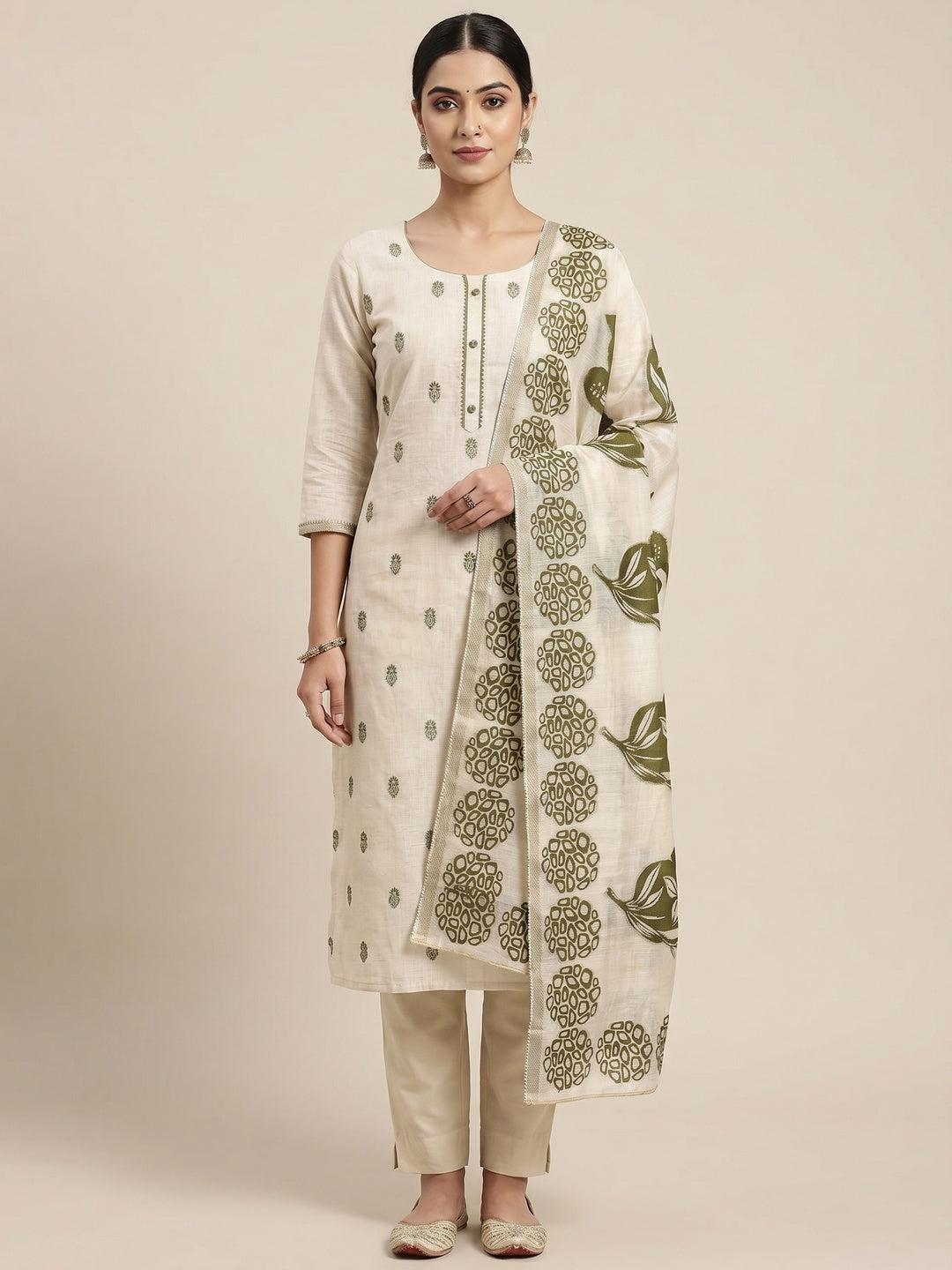 Peachmode Cream & Green Linen Cotton Dress Material with Ethnic Motifs - Image 2