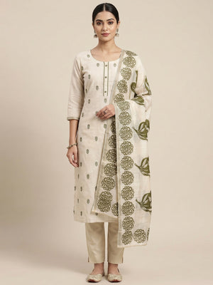 Peachmode Cream & Green Linen Cotton Dress Material with Ethnic Motifs - Image 1