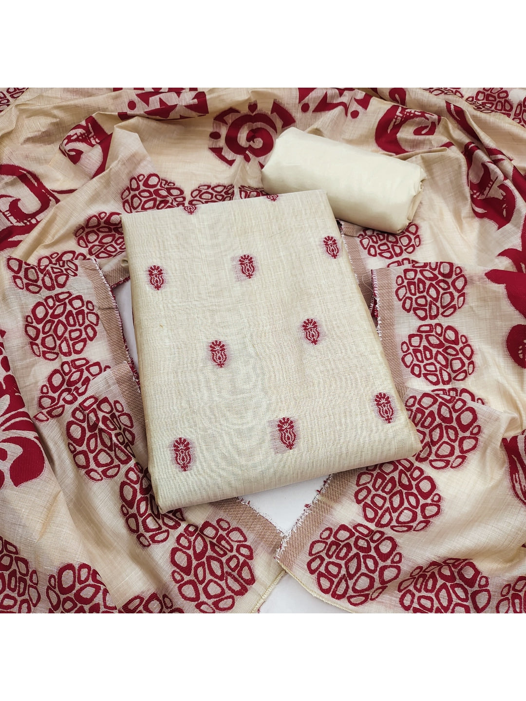 Peachmode Cream & Red Linen Cotton Dress Material with Ethnic Motifs - Image 1