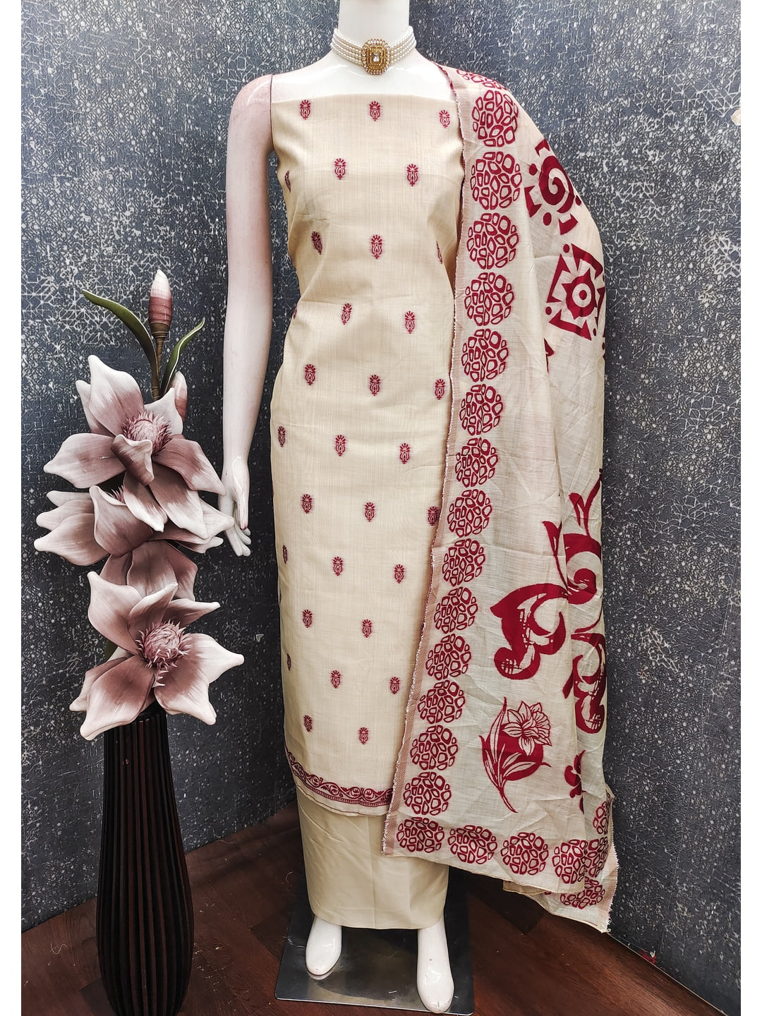 Peachmode Cream & Red Linen Cotton Dress Material with Ethnic Motifs - Image 3