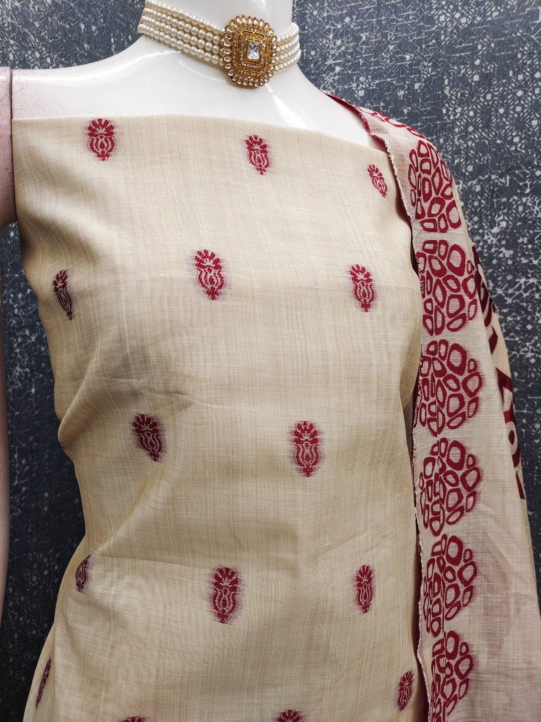 Peachmode Cream & Red Linen Cotton Dress Material with Ethnic Motifs - Image 4