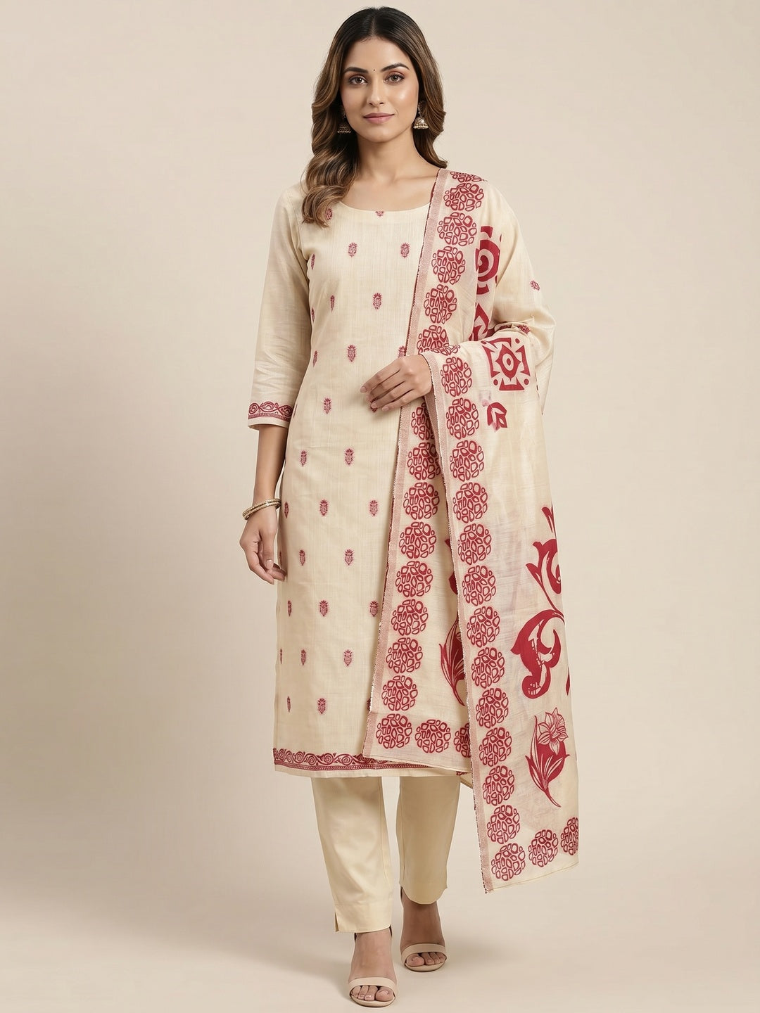 Peachmode Cream & Red Linen Cotton Dress Material with Ethnic Motifs - Image 2